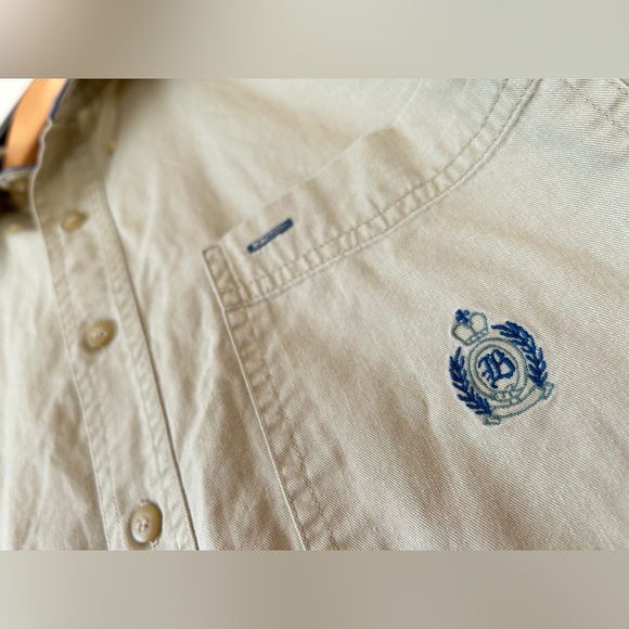 Vintage 90s Bugle Boy khaki cream tan button down short sleeve shirt earth tones - Picture 4 of 11